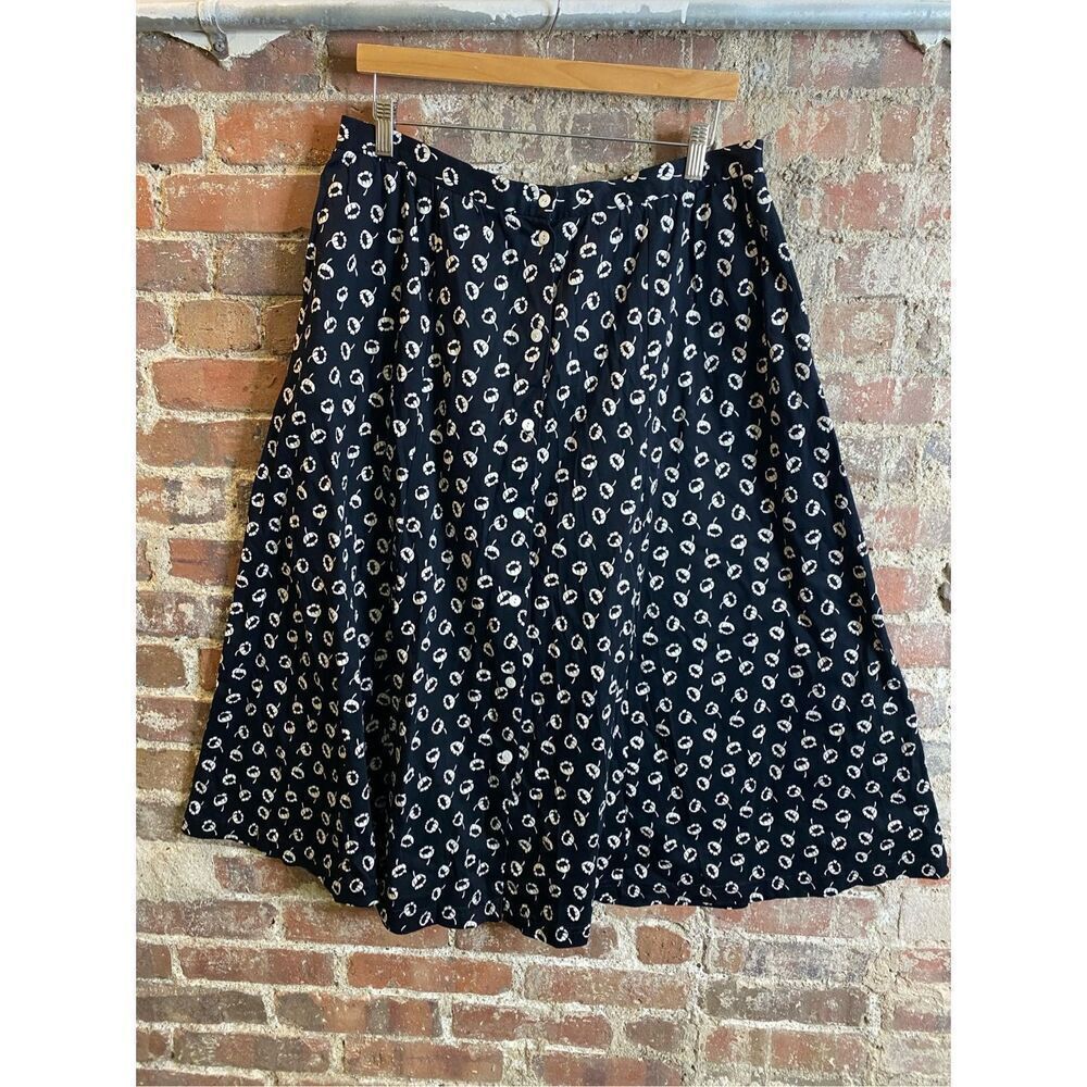 Lands’ End Black White Flower Cotton Midi A Line Skirt Size XL